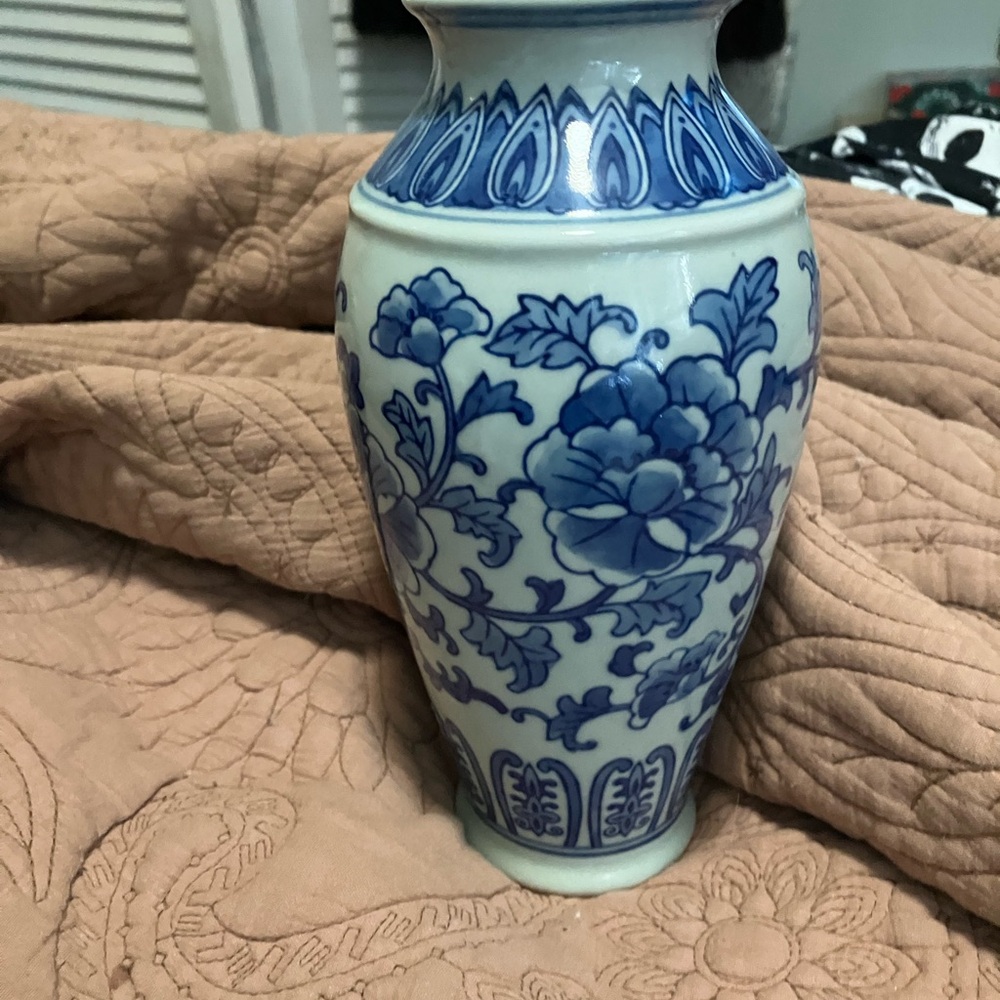 Vintage Blue and White Porcelain Chinese Vase with Floral Design